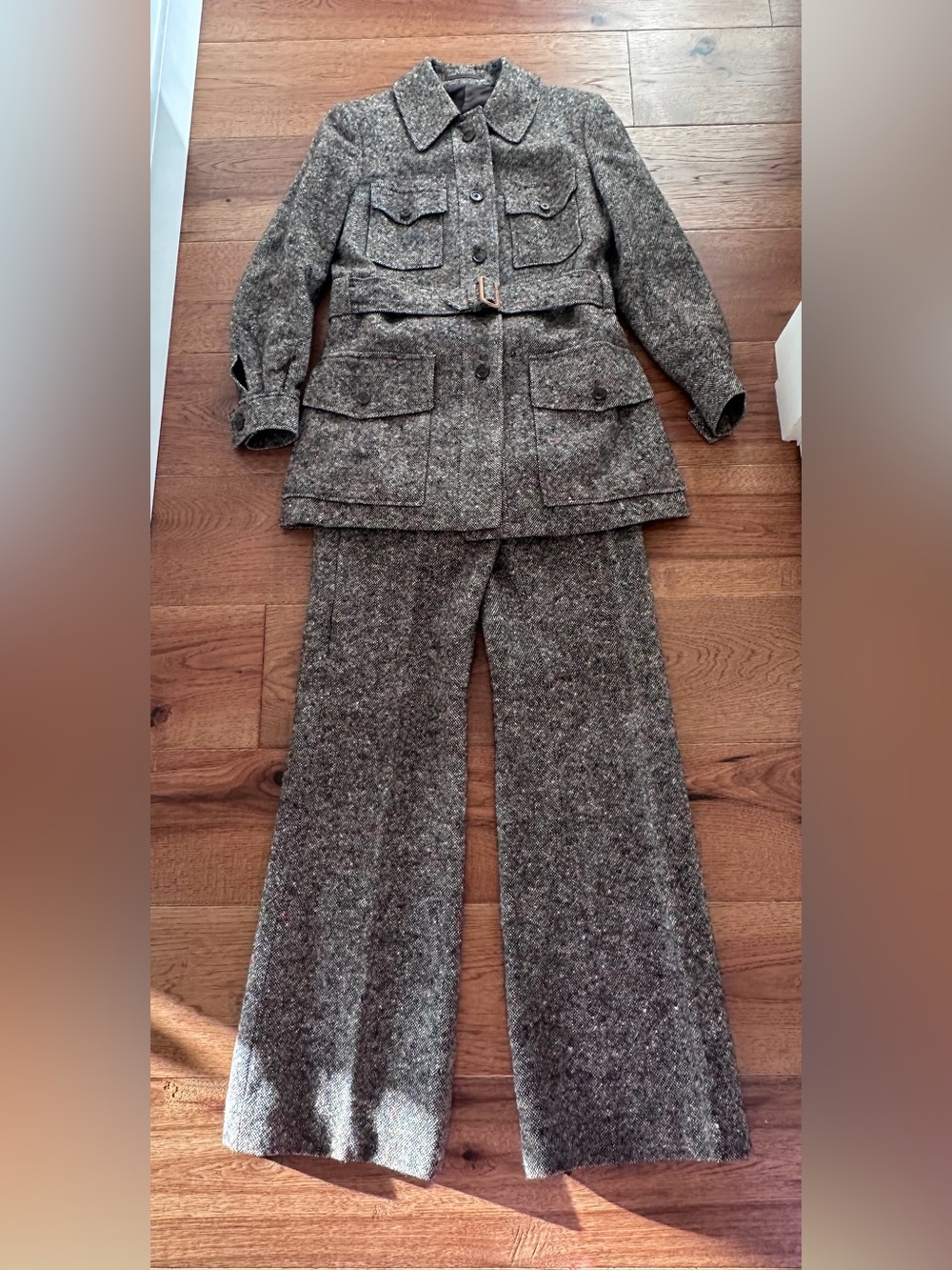 Burberry Vintage Womens Irish Tweed Wide-Leg Flared Low-rise Pants & Jacket Set